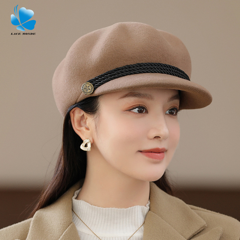 Mũ beret nữ vải dạ len phong cách Anh, mũ bát giác mùa thu đông ấm áp — Dây trang trí Kaki nhạt (tất cả len)