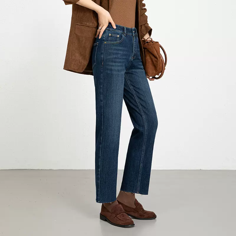 如果2025冬新款植绒四面弹牛仔直筒水洗高腰加厚休闲九分裤8136H