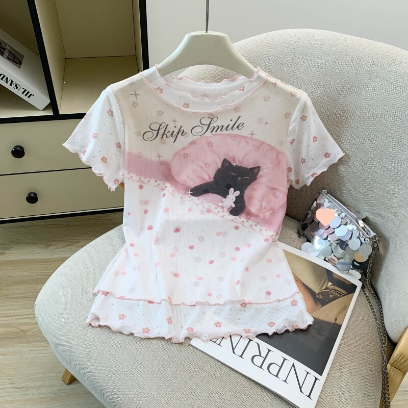 Real Shot of Cartoon Print Mesh Short-Sleeve T-Shirt for Women, Summer 2026 New Style, Thin and Slim-Fitting, Unique Top