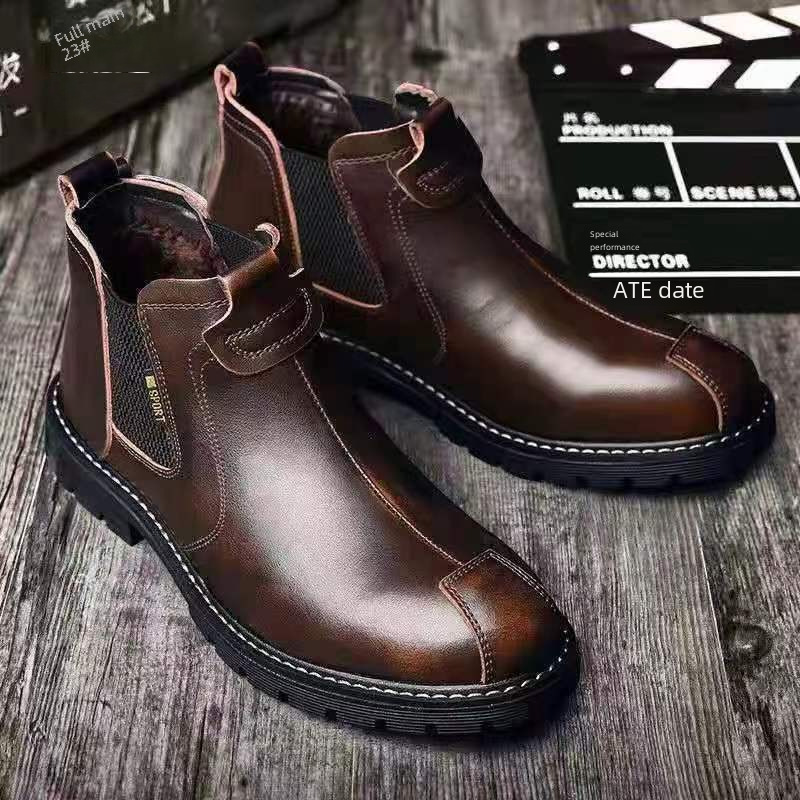 Men's High-Top Leather Boots, Soft Leather Winter New Martin Boots, Fashion Retro Work Boots, Casual Leather Shoes, Trendy Men's Shoes