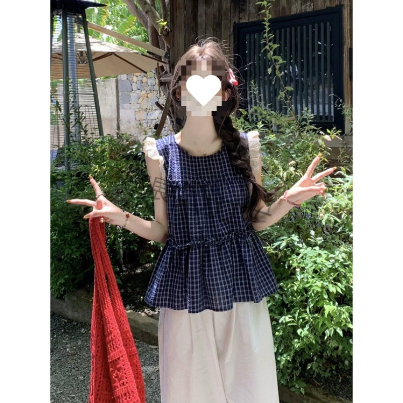 Хлопково-льняной топ без рукавов в клетку с маленькими летящими рукавами, женский летний красивый комплект с рубашкой и футболкой в ​​стиле французской куклы допамина