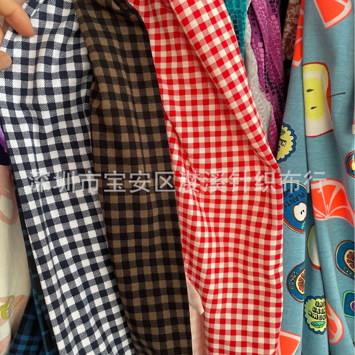 小格子全棉莱卡平纹印花千鸟格库存针织布料大格子T恤衫针织面料