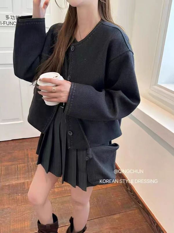 小香风短款毛呢外套女2025新款秋冬爆款小个子圆领明线配包包上衣|undefined