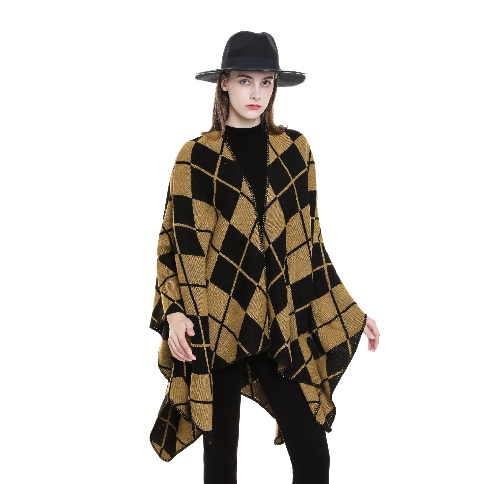 Cachemira-como caliente prendas de vestir exteriores gran mantón de las mujeres a cuadros de moda europea y americana capa retro color a juego split nuevo chal