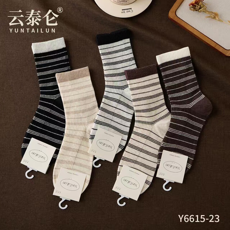 Yuntailun 6616 women's high socks 26 autumn and winter new style coffee color imitation double-needle comfortable and fashionable Korean style mid-calf socks