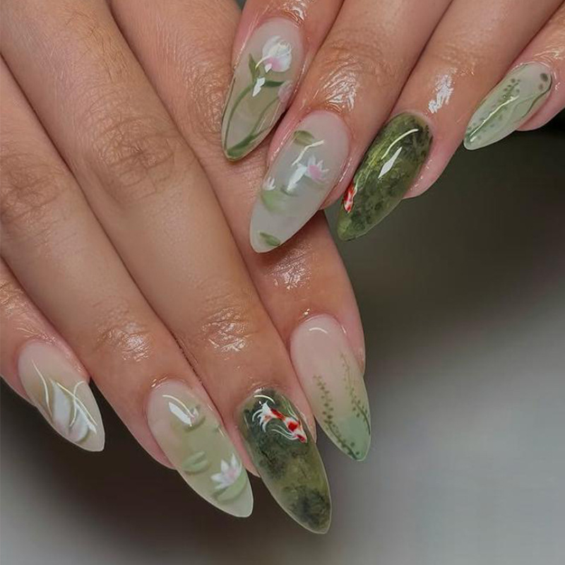Cross-Border Patch Manicure Lotus Goldfish Gentle Green Antique Multi-Element Wearable Nails Fake Nails Finished Nails