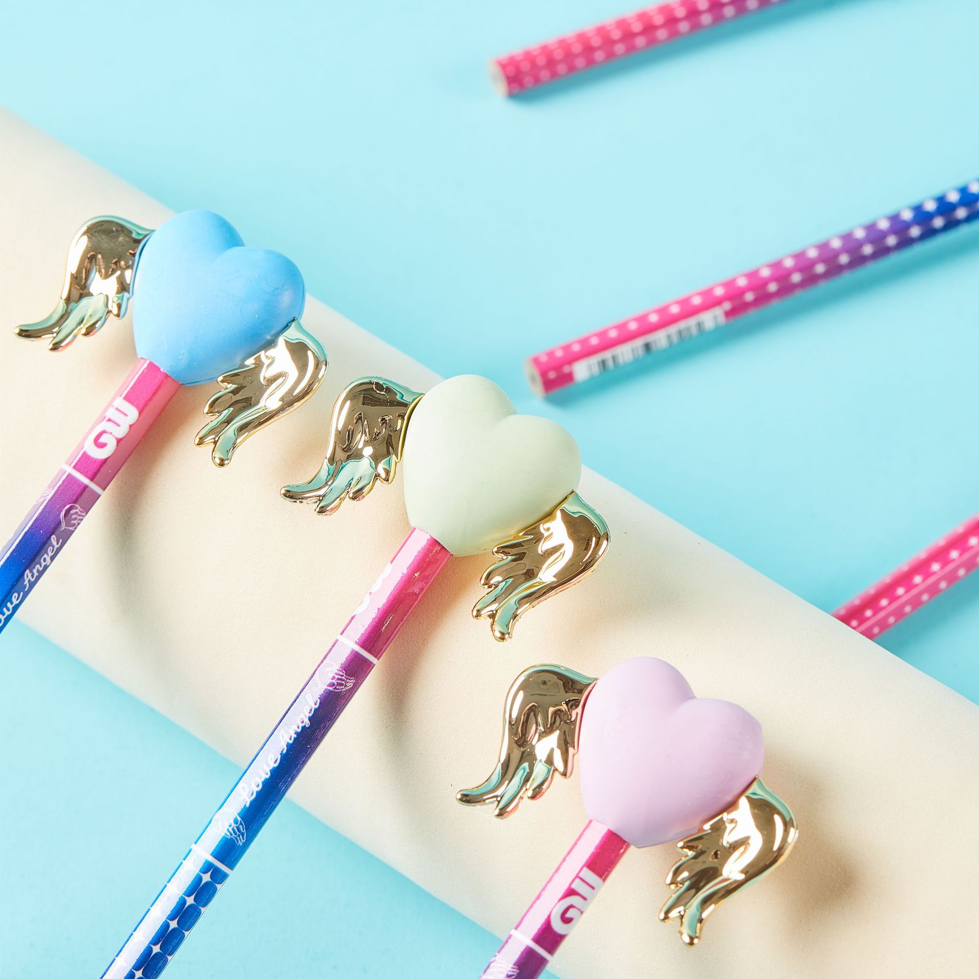 Lápices de madera lindos alas amor borradora artículos de papelería borradora lápiz puede