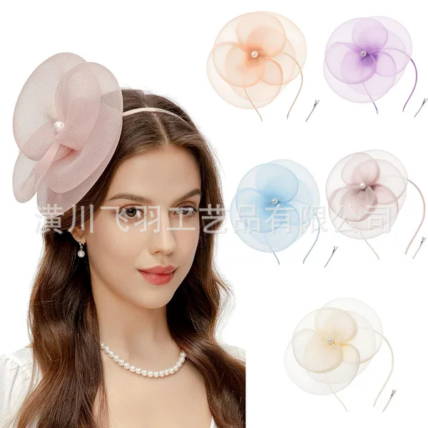 2025 Amazon New Style Mesh Topper Hat Headwear European and American Bride Flower Hair Accessories Party Performance Headwear for Women