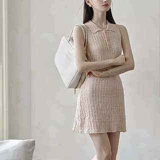 小豆蔻 小香风私服控 天丝羊毛混纺无袖针织连衣裙夏季收腰小裙子