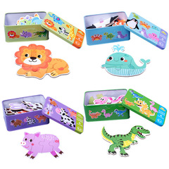 Children's creative iron box puzzle kindergarten baby early education cartoon animal transportation dinosaur puzzle six-in-one toy