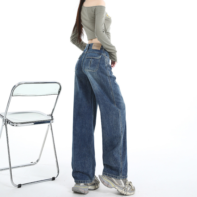 美式浅色阔腿牛仔裤女2025秋季新款高腰宽松大码弯刀裤直筒拖地裤|undefined