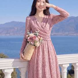 年夏季新款时尚淑女领长袖粉色碎花收腰显瘦气质修身长裙