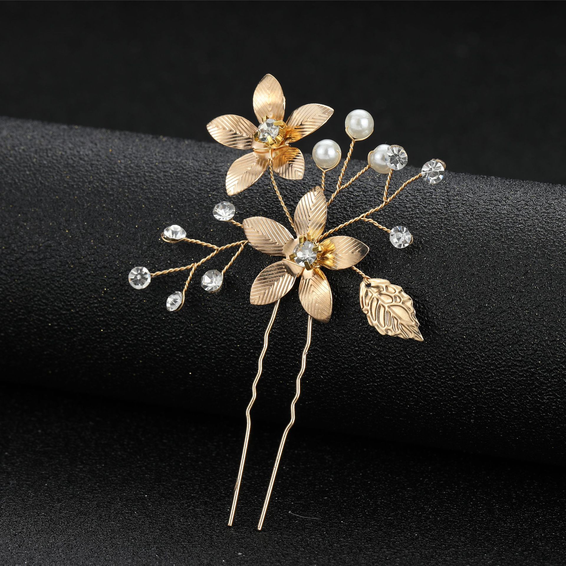 欧美跨境 金色五瓣花花朵叶子U形发钗插针头饰发饰 新娘头饰