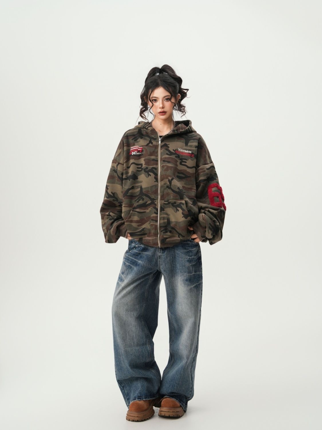 American Streetwear Camouflage Cardigan Hoodie Unisex Couples Spring Vintage Trendy Oversized Casual Hooded Sweatshirt
