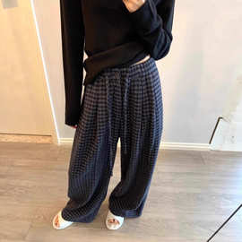 大码毛呢松紧腰格纹女式休闲裤胖MM遮跨显瘦直筒阔腿裤抽绳长裤子