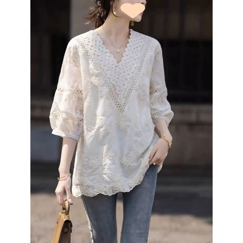 Большой размер тяжелый воротник с полыми рукавами рубашка с короткими рукавами женская новая летняя 300-килограммовая толстая шифоновая рубашка