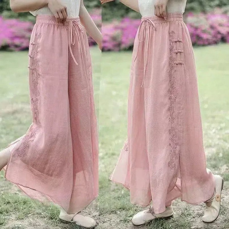 Advanced Embroidered plus size 2025 Summer New High Waist Nine-point Slim Elegant Casual Double-layer Wide-leg Culottes for Women