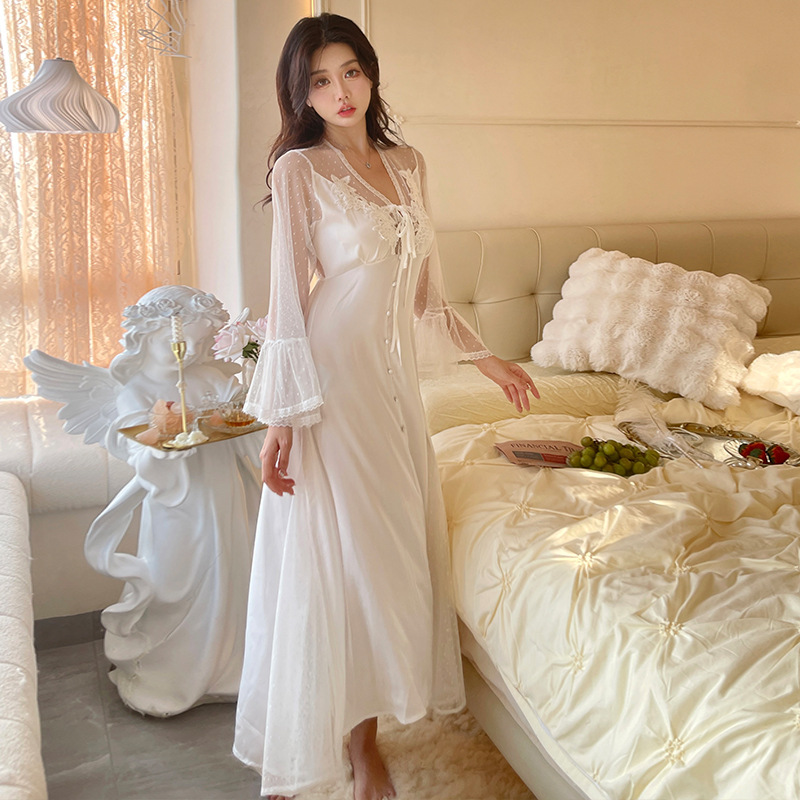 Chiffon Long-sleeved French Dress Pure Desire Pajamas Sexy Ice Silk Nightgown Women's Summer High-end Sense Home Clothes with Chest Pad