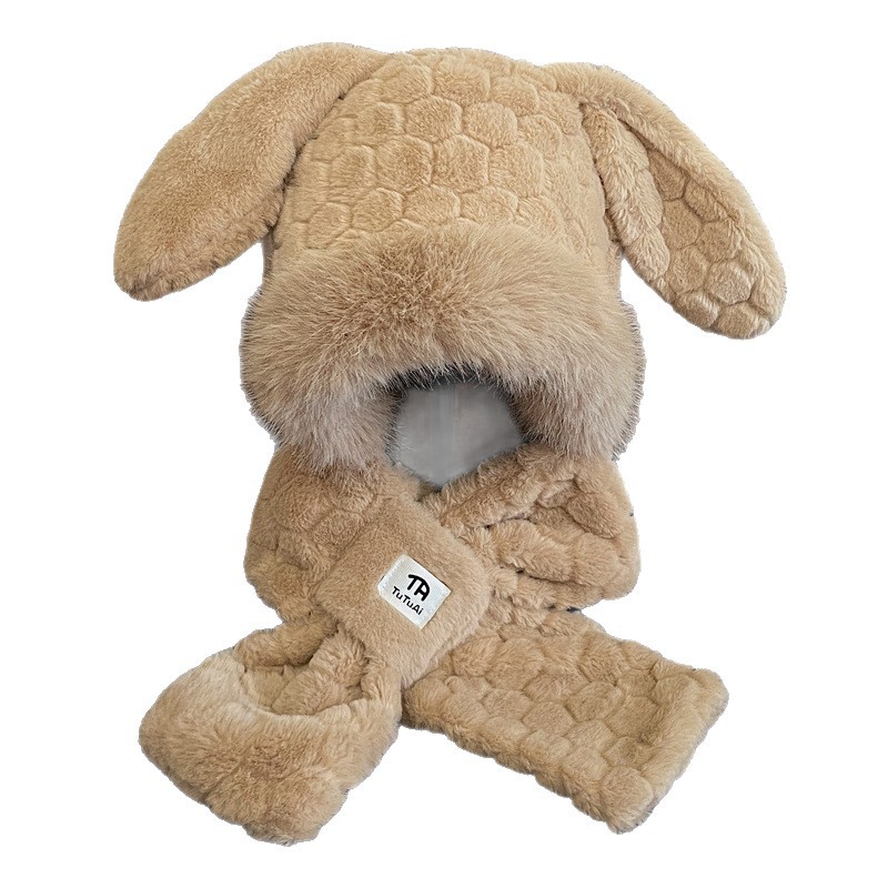 Cute Bunny Scarf Combo For Women Winter Korean Style Face Slimming Fleece Lined Thickened Plush Ear Protection Lei Feng_voghion.com