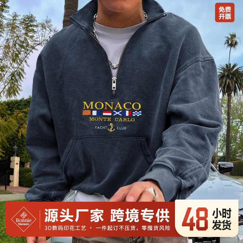 2024 new AliExpress independent station cross-border men's 3D printing European and American men's half zipper vests autumn and winter printing