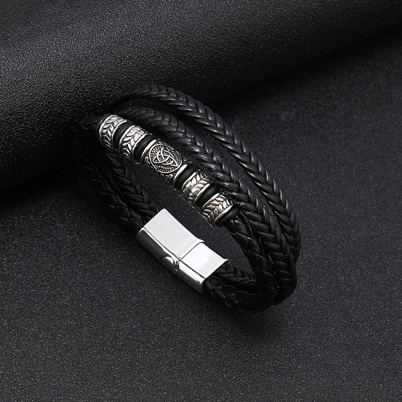 Pulseira masculina clássica de couro trançado com ímã_voghion.com