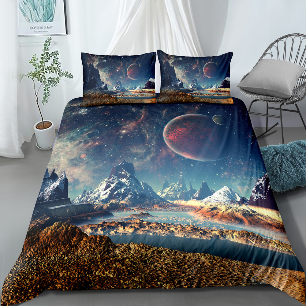 Ensemble de literie trois pièces ciel étoilé univers imprimé numérique, housse de couette et taie d'oreiller personnalisables_voghion.com