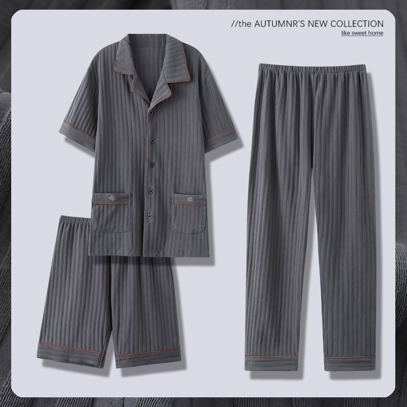 Pijama de algodón 100% para padres de mediana edad y ancianos cardigan de manga corta para hombres de verano traje de verano de tres piezas de primavera