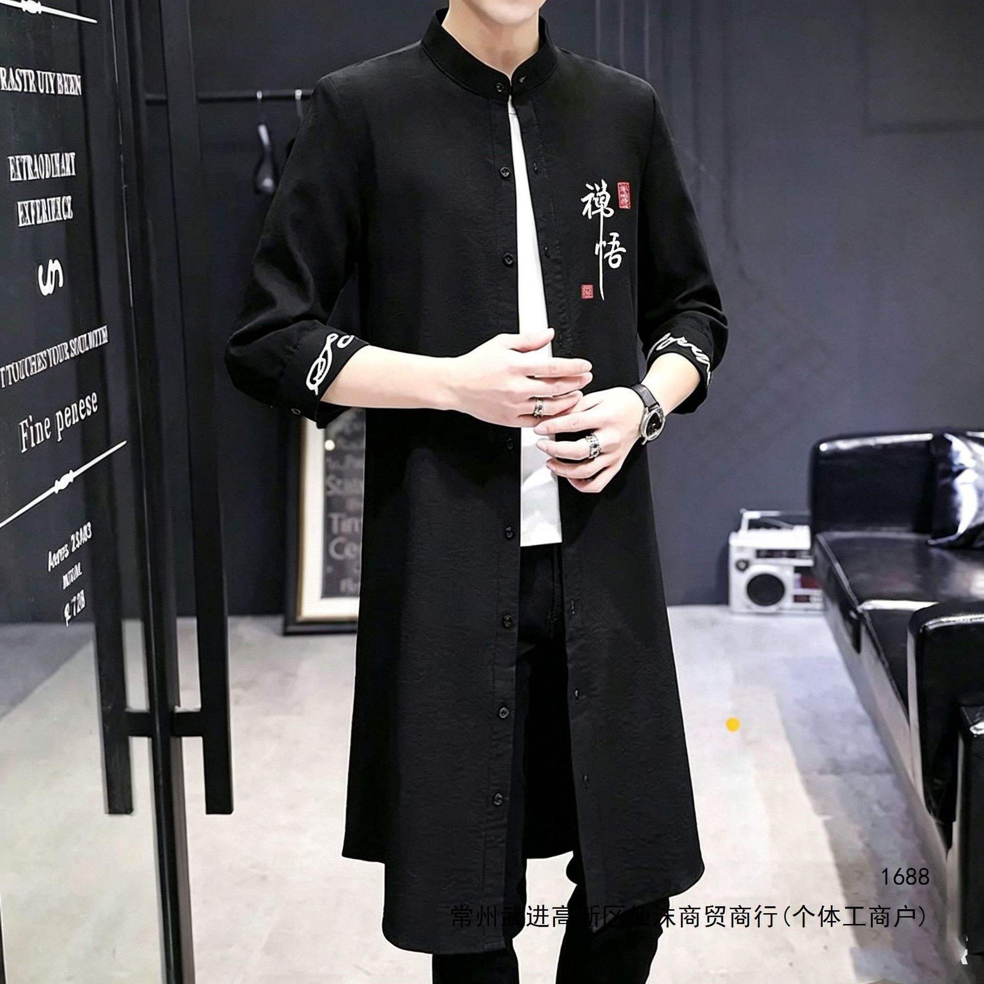 Summer shirt, mid-length trench coat, men's thin jacket, trendy embroidered three-quarter sleeve trench coat, stylish and handsome overcoat