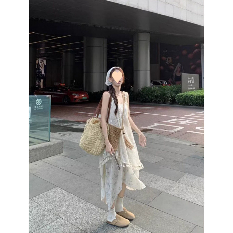 海边度假风假两件吊带连衣裙女夏气质仙印花流苏不规则沙滩长裙|undefined