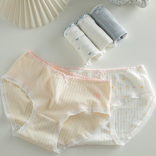 Fresh and simple women's underwear lace edge contrast color women's pants pure cotton crotch mid-waist bag hip student briefs wholesale