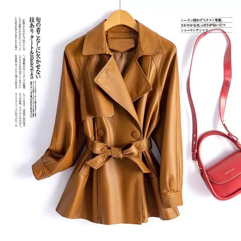 2025 Весна и осень Новая женская кожаная куртка из искусственной кожи Haining Короткая куртка на шнуровке на талии для похудения Корейский стиль Британская ветровка