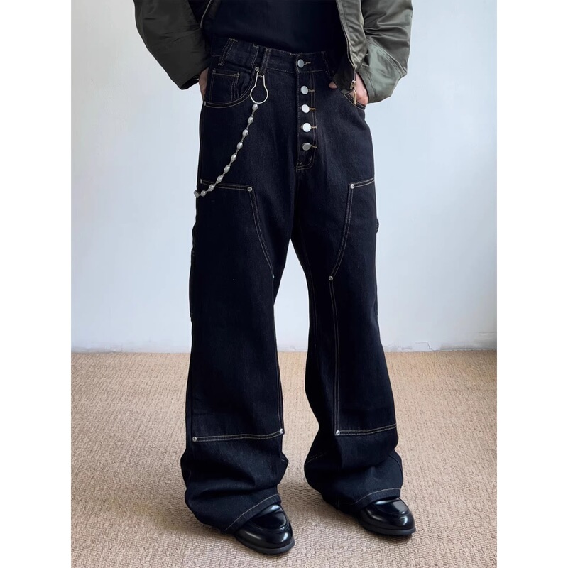 Outcast American Retro Button Design Double-Knee Workwear Jeans Unisex Loose Straight Casual Pants