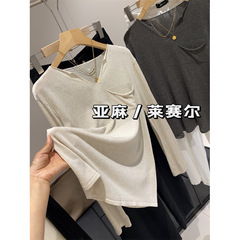 高級基礎2025夏の亜麻ライゼルの通気性の薄いvネックのニットtシャツは性に従って怠惰な上着です。