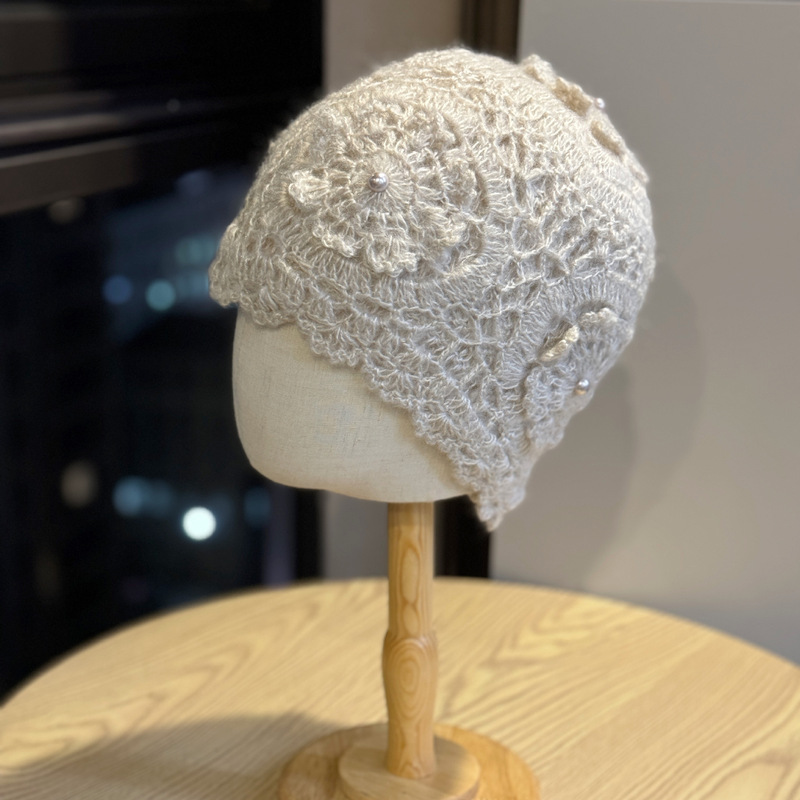 新款秋冬加厚手工双层钩花针织帽女保暖毛线帽气质民族风包头帽子|undefined