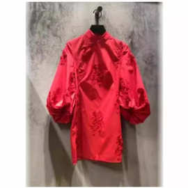 圣诞跨年战衣新中式国风高级小众重工刺绣泡泡袖红色连衣裙441212