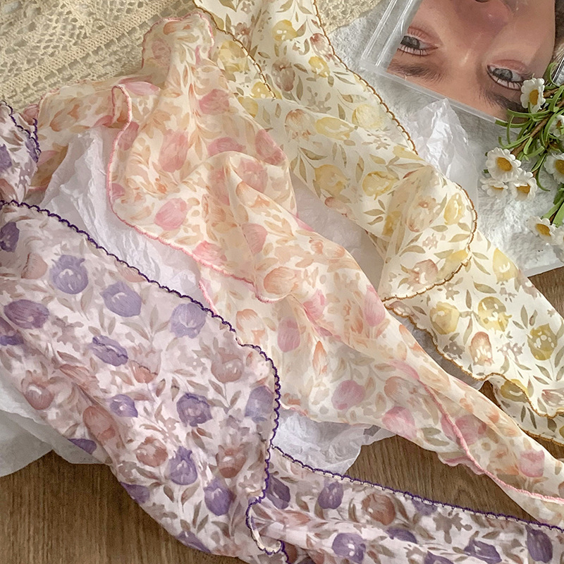 Bufanda triangular, chal, nuevo estilo de verano, pañuelo de seda floral, bolso de niña de todo fósforo de alta gama, pañuelo para el cabello, cinta para el cabello