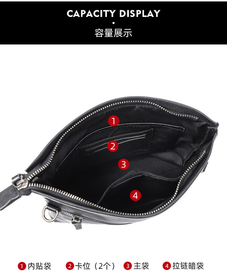 Túi đeo chéo nam da bò thuộc da thật kiểu thể thao, túi cầm tay nhỏ gọn 29×11×17 cm — Màu đen chi tiết 8