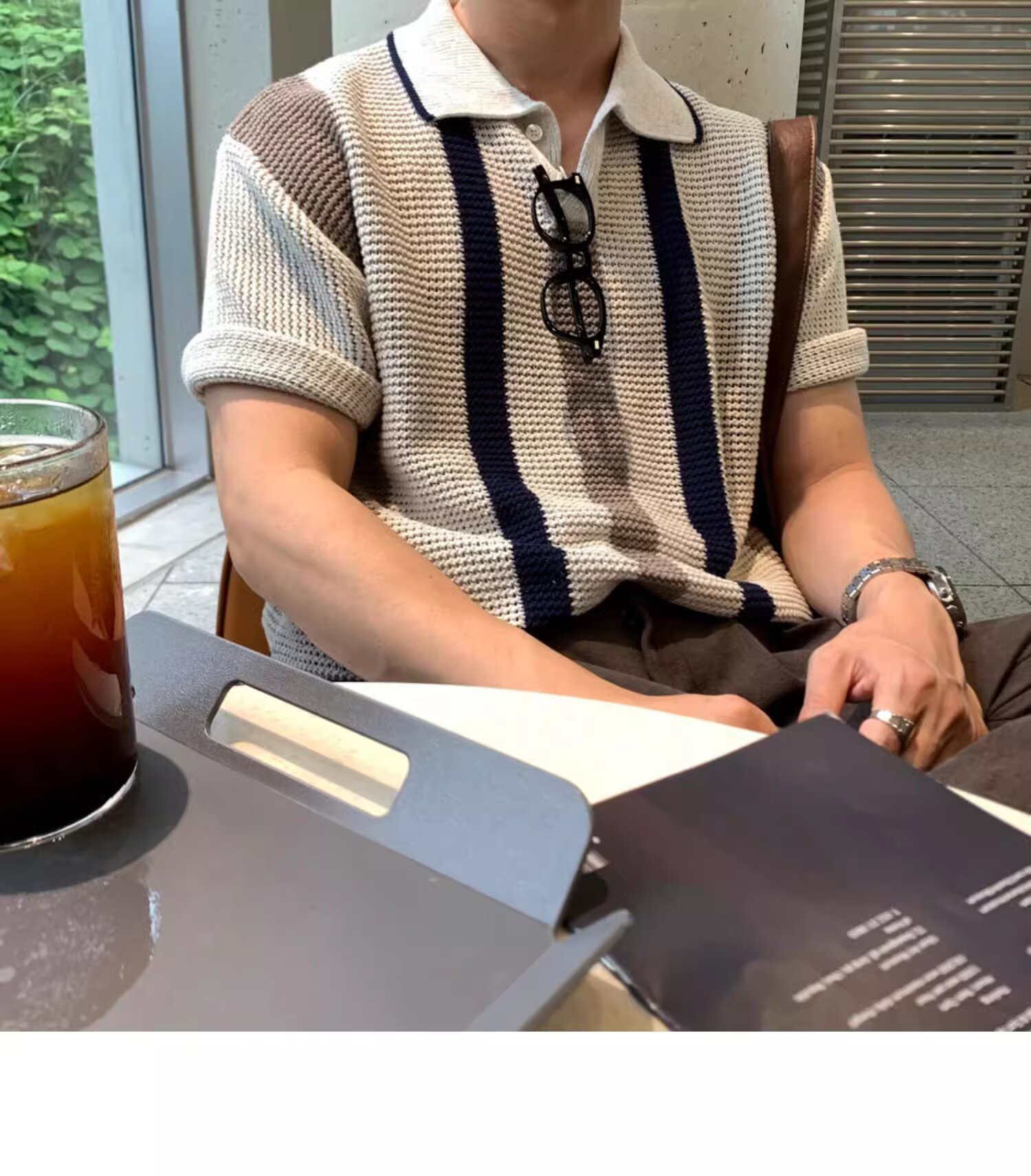 Men's High Quality Breathable Hollowed Out Color Block Knit Polo Shirt Korean Style Vertical Striped Short Sleeved T-Shirt For Spring/Summer_viptrois.com