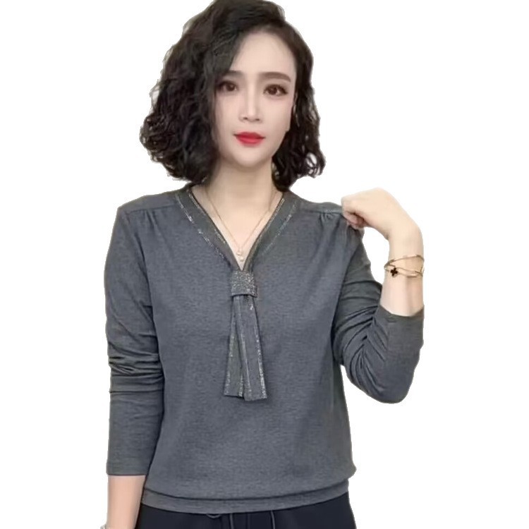 一件代发直播爆款2025春秋季新款妈妈装V领长袖T恤女上衣打底小衫|undefined
