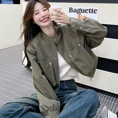 绿色短款工装外套女2025春秋新款韩系Chic独特设计感休闲夹克上衣