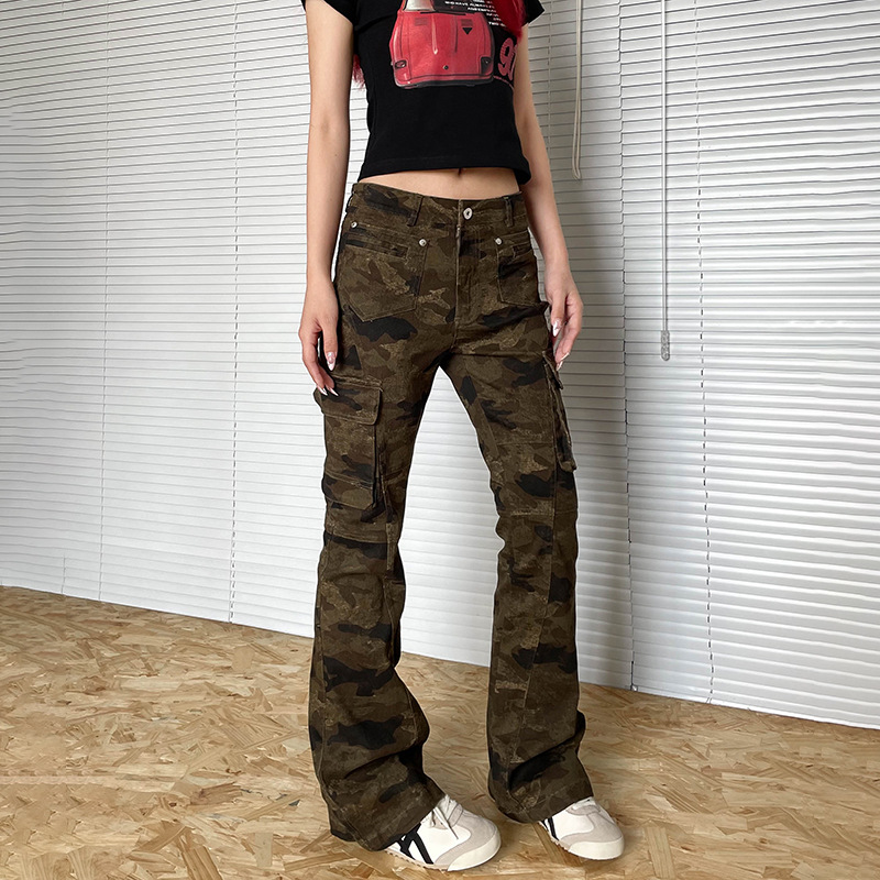 American-style Retro Slim-fit Micro-horn Camouflage Crane Pants Women's Street Multi-pocket Casual Slim-fit Pants