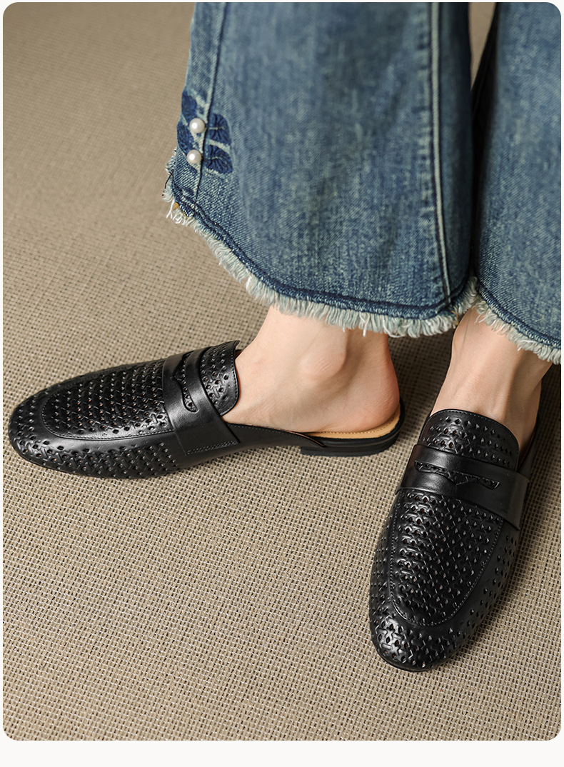 Giày mule nữ da bò mũi vuông hở gót đế bằng — đen chi tiết 17