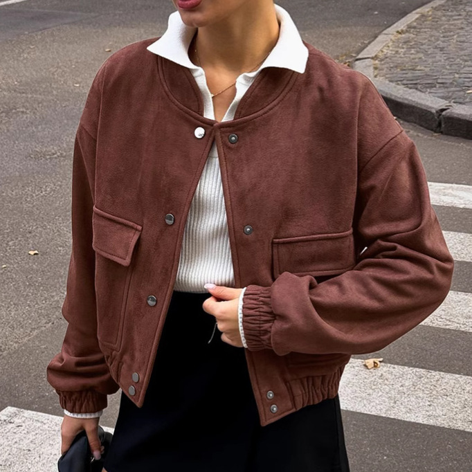 2025 Cross-Border New Women's High-End Spring and Autumn Jacket Long-Sleeved American Street Retro Stand-Up Collar Bomber Jacket