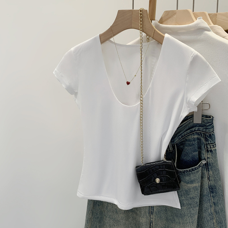 Unique and Beautiful Summer White Thin U-Neck Right Shoulder Short-Sleeved T-Shirt for Women 2025 New Style Popular Short Top Unique and Beautiful Summer White Thin U-Neck Right Shoulder Short-Sleeved T-Shirt for Women 2025 New Style Popular Short Top