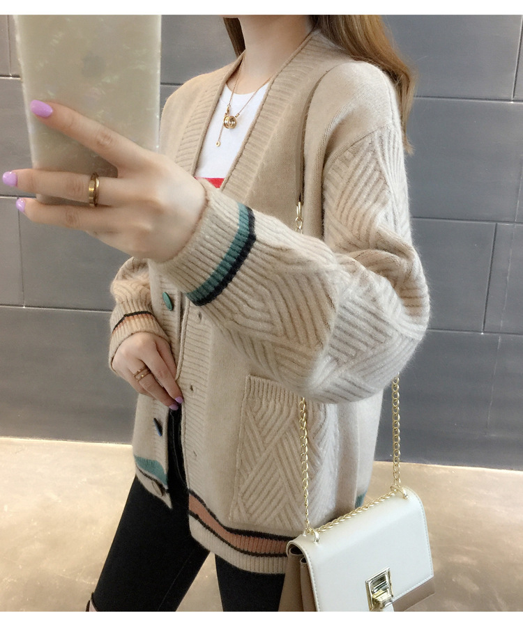 Women's Clothing Knitted Sweater V Neck All match Small Cardigan Jacket Women's Colorblock Sweater _voghion.com