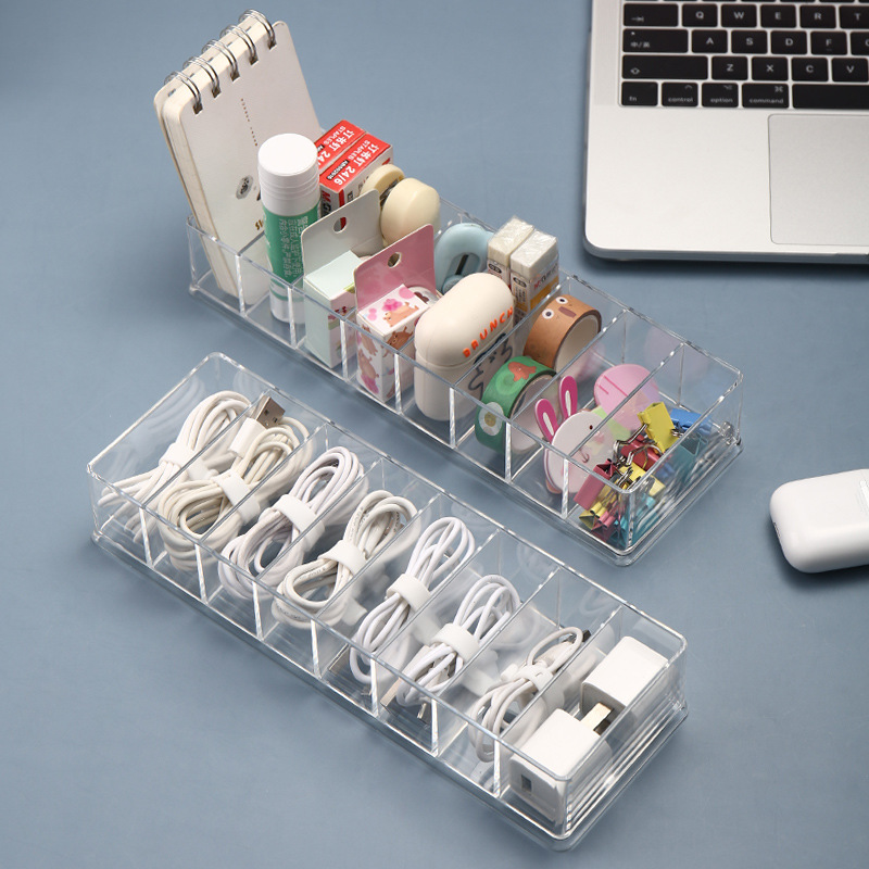 Data cable storage box transparent acrylic mobile phone power cord charging head storage box grid cable organizer cable winder