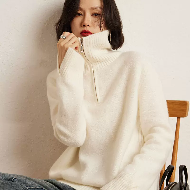 山羊绒2025秋冬女新短款翻领半拉链开叉袖套头衫通勤针织衫毛衣