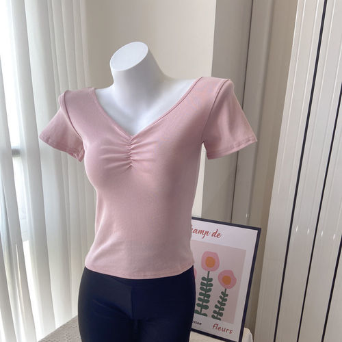 Dance Team Training Suit Ethnic Dance Wear Fitted V-Neck Pleated Yoga T-Shirt for Women Black Short Sleeve Underwear