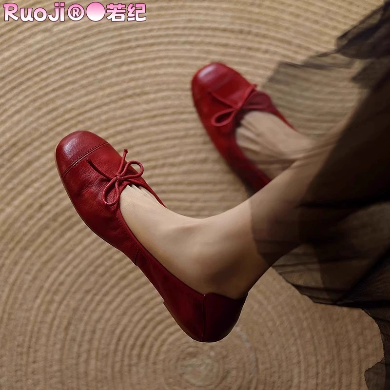 Ruoji темпераментный натуральный кожаный французский винтажный бант мягкие плоские балетные туфли бабушки одиночные туфли женские весенние и летние новые