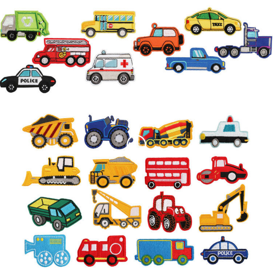 Coche de dibujos animados bordado pegatinas de tela Coche de ingeniería ropa para niños parche pegatinas bordado de computadora Zhang Zi Ropa Decoración camión de bomberos